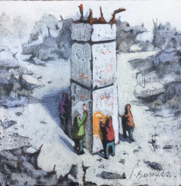Painting titled "Le dernier poteau !" by Thomas Bossard, Original Artwork, Oil Mounted on Cardboard