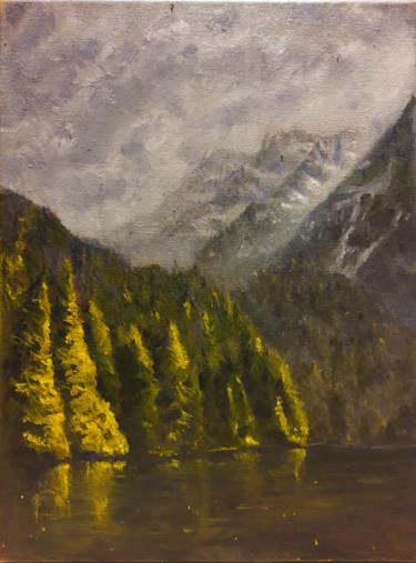 Painting titled "moutain landscape" by Thomas Duray, Original Artwork, Oil Mounted on Wood Panel