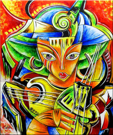 Painting titled "Guitarist Woman - M…" by Thomas Lange, Original Artwork, Acrylic