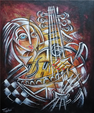 Painting titled "Musical Woman #916" by Thomas Lange, Original Artwork, Oil Mounted on Wood Stretcher frame