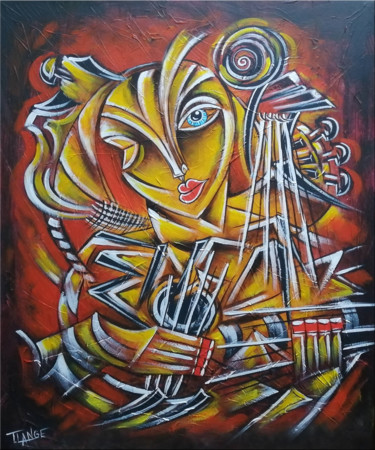 Painting titled "Guitarist Woman #915" by Thomas Lange, Original Artwork, Oil Mounted on Wood Stretcher frame