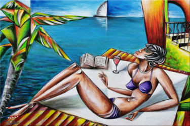 Painting titled "Woman Chillout #998" by Thomas Lange, Original Artwork, Oil Mounted on Wood Stretcher frame