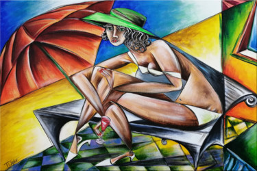 Painting titled "Woman Chillout #999" by Thomas Lange, Original Artwork, Oil Mounted on Wood Stretcher frame