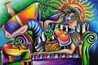 Painting titled "Woman Chillout #M0" by Thomas Lange, Original Artwork, Oil Mounted on Wood Stretcher frame