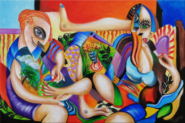Painting titled "Woman Chillout #M8" by Thomas Lange, Original Artwork, Oil Mounted on Wood Stretcher frame