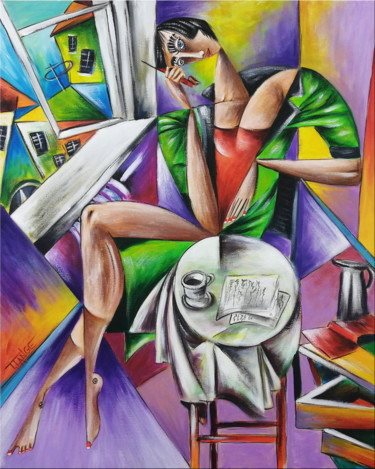 Painting titled "Woman Chillout #M14" by Thomas Lange, Original Artwork, Oil Mounted on Wood Stretcher frame