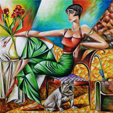 Painting titled "Woman Chillout #M15" by Thomas Lange, Original Artwork, Oil Mounted on Wood Stretcher frame