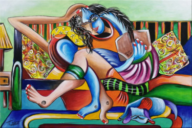 Painting titled "Woman Chillout #M32" by Thomas Lange, Original Artwork, Acrylic Mounted on Wood Stretcher frame
