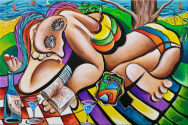 Painting titled "Woman Chillout #M33" by Thomas Lange, Original Artwork, Acrylic Mounted on Wood Stretcher frame
