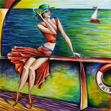 Painting titled "Woman Chillout #M38" by Thomas Lange, Original Artwork, Oil Mounted on Wood Stretcher frame