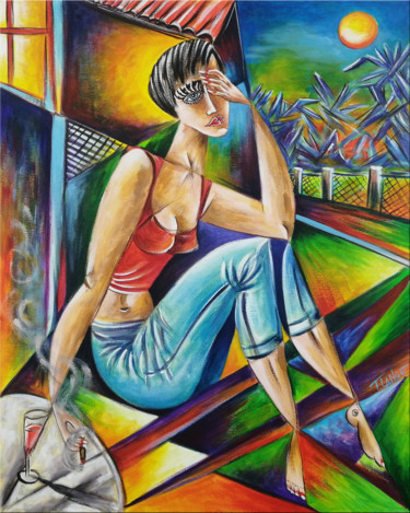 Painting titled "Woman Chillout #M39" by Thomas Lange, Original Artwork, Oil Mounted on Wood Stretcher frame