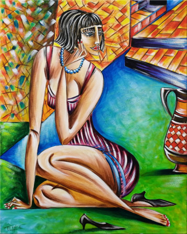 Painting titled "Woman Chillout #M42" by Thomas Lange, Original Artwork, Oil Mounted on Wood Stretcher frame