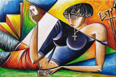 Painting titled "Woman Chillout #M43" by Thomas Lange, Original Artwork, Oil Mounted on Wood Stretcher frame