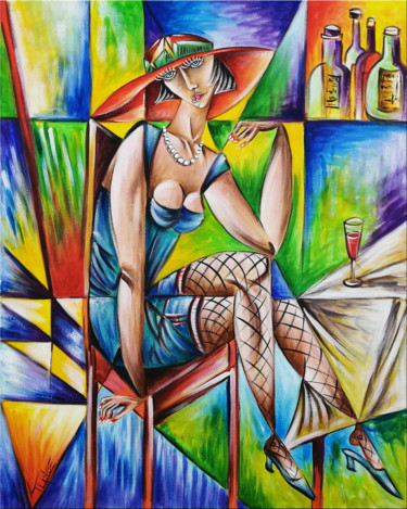 Painting titled "Woman Chillout #M46" by Thomas Lange, Original Artwork, Oil Mounted on Wood Stretcher frame