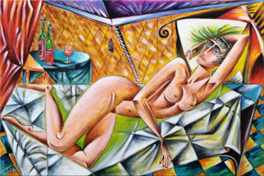Painting titled "Woman Chillout #M53" by Thomas Lange, Original Artwork, Oil Mounted on Wood Stretcher frame