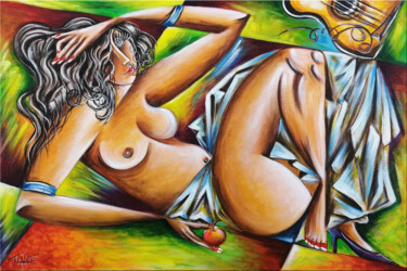 Painting titled "Woman Chillout #M62" by Thomas Lange, Original Artwork, Oil Mounted on Wood Stretcher frame