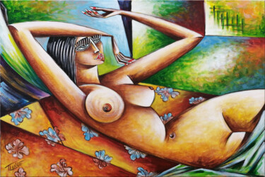 Painting titled "Woman Chillout #M63" by Thomas Lange, Original Artwork, Oil Mounted on Wood Stretcher frame