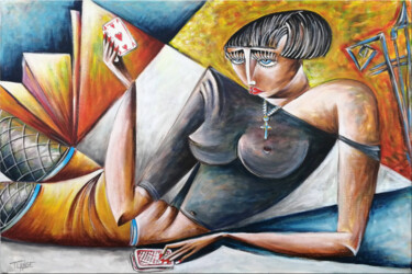 Painting titled "Woman Chillout #M76" by Thomas Lange, Original Artwork, Oil Mounted on Wood Stretcher frame