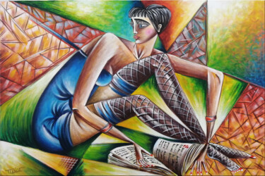Painting titled "Woman Chillout #M80" by Thomas Lange, Original Artwork, Oil Mounted on Wood Stretcher frame