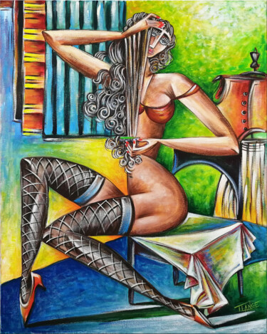 Painting titled "Woman Chillout #M86" by Thomas Lange, Original Artwork, Acrylic Mounted on Wood Stretcher frame