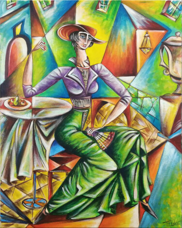 Painting titled "Woman Chillout #M90" by Thomas Lange, Original Artwork, Oil Mounted on Wood Stretcher frame