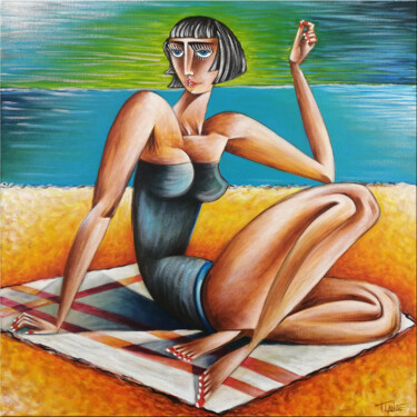 Painting titled "Woman Chillout #M95" by Thomas Lange, Original Artwork, Oil Mounted on Wood Stretcher frame