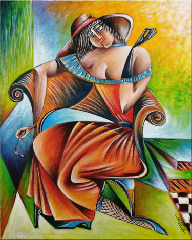 Painting titled "Woman Chillout #M97" by Thomas Lange, Original Artwork, Oil Mounted on Wood Stretcher frame