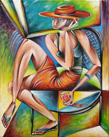 Painting titled "Woman Chillout #M98" by Thomas Lange, Original Artwork, Oil Mounted on Wood Stretcher frame