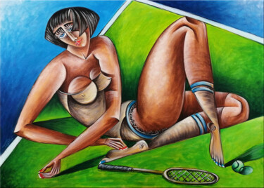 Painting titled "Woman Chillout #M100" by Thomas Lange, Original Artwork, Oil Mounted on Wood Stretcher frame
