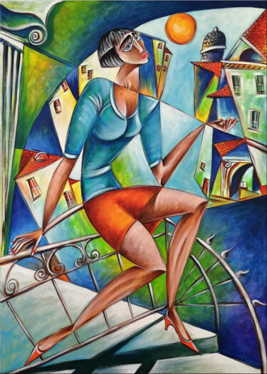 Painting titled "Woman Chillout #M101" by Thomas Lange, Original Artwork, Oil Mounted on Wood Stretcher frame