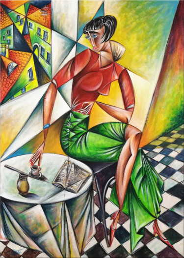 Painting titled "Woman Chillout #M102" by Thomas Lange, Original Artwork, Oil Mounted on Wood Stretcher frame