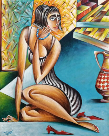 Painting titled "Woman Chillout #M104" by Thomas Lange, Original Artwork, Oil Mounted on Wood Stretcher frame