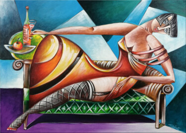 Painting titled "Woman Chillout #M119" by Thomas Lange, Original Artwork, Oil Mounted on Wood Stretcher frame