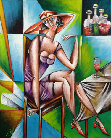 Painting titled "Woman Chillout #M121" by Thomas Lange, Original Artwork, Oil Mounted on Wood Stretcher frame