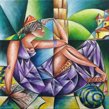 Painting titled "Woman Chillout #M128" by Thomas Lange, Original Artwork, Oil Mounted on Wood Stretcher frame