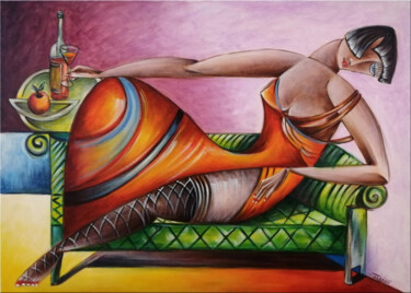 Schilderij getiteld "Woman Chillout #M131" door Thomas Lange, Origineel Kunstwerk, Olie