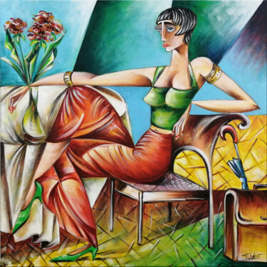 Painting titled "Woman Chillout #M135" by Thomas Lange, Original Artwork, Oil Mounted on Wood Stretcher frame