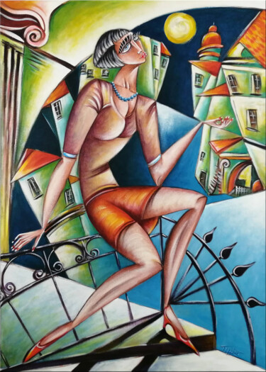 Painting titled "Woman Chillout #M137" by Thomas Lange, Original Artwork, Oil Mounted on Wood Stretcher frame