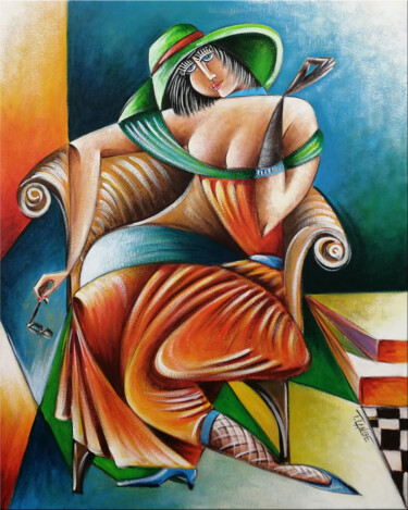 Painting titled "Woman Chillout #M145" by Thomas Lange, Original Artwork, Oil Mounted on Wood Stretcher frame