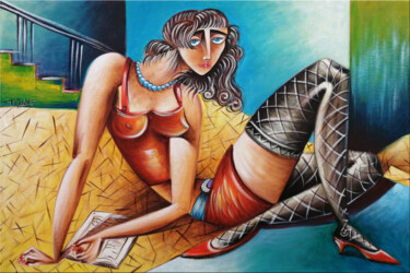 Painting titled "Woman Chillout #M150" by Thomas Lange, Original Artwork, Oil Mounted on Wood Stretcher frame