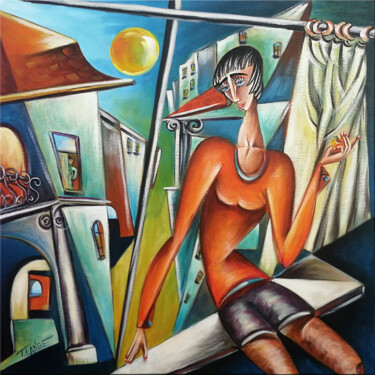 Painting titled "Woman Chillout #M154" by Thomas Lange, Original Artwork, Oil Mounted on Wood Stretcher frame