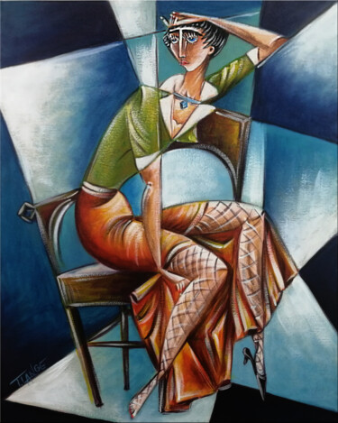 Painting titled "Woman Chillout #M157" by Thomas Lange, Original Artwork, Oil Mounted on Wood Stretcher frame