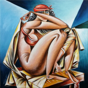 Painting titled "Woman Chillout #M162" by Thomas Lange, Original Artwork, Oil Mounted on Wood Stretcher frame