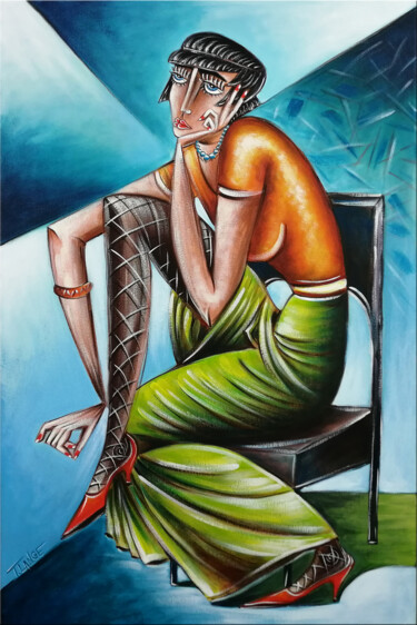 Painting titled "Woman Chillout #M163" by Thomas Lange, Original Artwork, Oil Mounted on Wood Stretcher frame