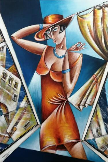 Painting titled "Woman Chillout #M165" by Thomas Lange, Original Artwork, Oil Mounted on Wood Stretcher frame