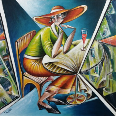 Painting titled "Woman Chillout #M166" by Thomas Lange, Original Artwork, Oil Mounted on Wood Stretcher frame