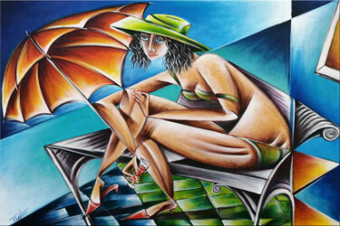 Painting titled "Woman Chillout #M170" by Thomas Lange, Original Artwork, Oil Mounted on Wood Stretcher frame