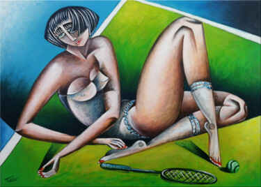 Painting titled "Woman Chillout #M175" by Thomas Lange, Original Artwork, Oil Mounted on Wood Stretcher frame