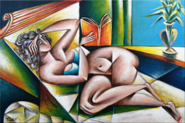 Painting titled "Woman Chillout #M177" by Thomas Lange, Original Artwork, Oil Mounted on Wood Stretcher frame