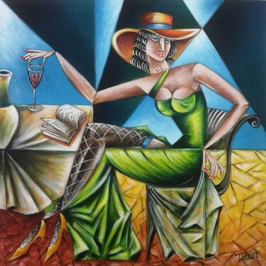 Painting titled "Woman Chillout #M178" by Thomas Lange, Original Artwork, Oil Mounted on Wood Stretcher frame
